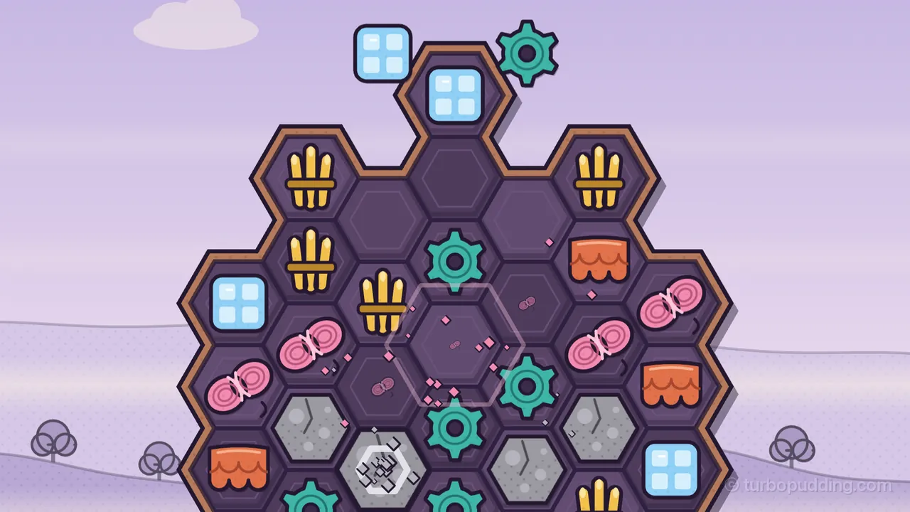 A close view of the top of a hex board in Mist Valley, shaped like a ridge with a single cell sticking up in the middle, with a brown rim and dark purple cells, against a soft lilac sky with a small cloud and rolling lilac hills; in the middle a line of pink wool skeins has just been cleared, leaving a faint hexagon outline and a scatter of tiny pink sparks, and a few cells above it stand empty while a pale blue glass pane and a teal copper cog drop in from above the board; around them sit golden reed bundles, orange clay tiles, more pink wool skeins, teal cogs and glass panes, and lower down, gray cracked lichen-stones, one of them bursting into small gray chips