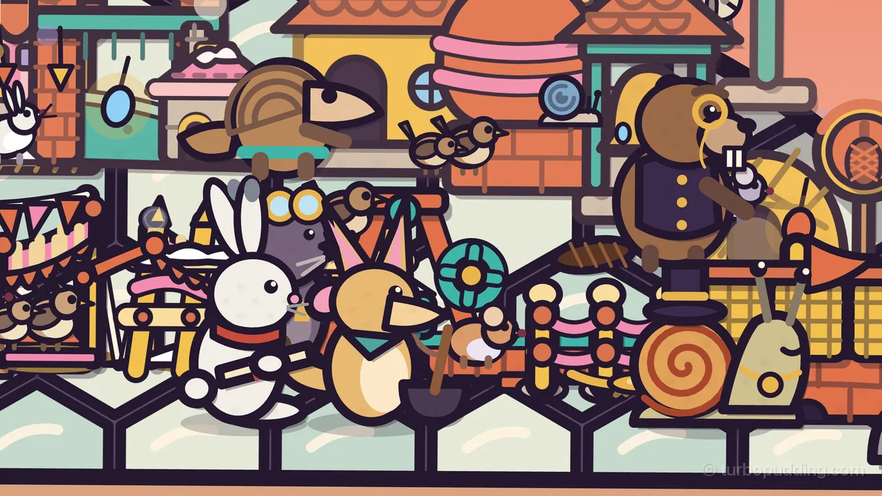 A close view of the town on Amabel’s shell at Sunrise Shore, under a peach sky: Mayor Barty, a pale snail with eye stalks, a gold medal on a chain and a black top hat on his orange spiral shell, smiles with his eyes closed at the right; beside him stand Saffi, a sandy fennec fox with tall pink-lined ears and a teal kerchief, with her black soup pot and ladle, Nils, a white hare in a red scarf holding a rolled map, and behind them Delva, a gray mole with round brass goggles; above, Baron Bulwark, a brown beaver with a gold monocle and a dark waistcoat with gold buttons, stands on a high ledge, Pim the pangolin lies along a rooftop, little brown wrens perch on the ledges, and pink and orange bunting hangs at the left, and pink ropes run between gold posts