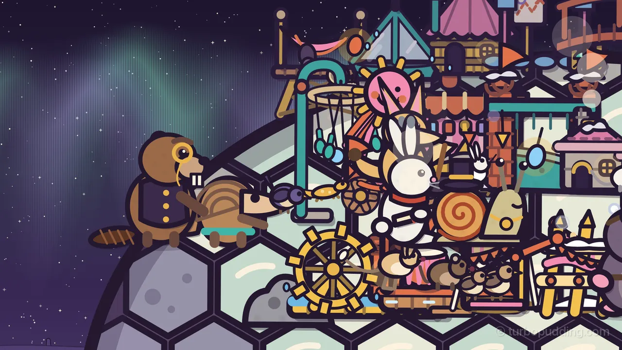Night on Aurora Plain, with green northern lights and stars over a dark violet sky: on Amabel’s shell of pale green and gray hexagon plates, Baron Bulwark, a brown beaver with a gold monocle, big front teeth and a dark waistcoat with gold buttons, sits at the edge on the left beside Pim, a brown pangolin with a striped back and a teal tool belt; in front of them rise the Wind Chimes, a curved teal post with a round hoop from which teal spoons hang on strings, and beside it Nils, a white hare in a red scarf, holds a rolled map, with Mayor Barty, a pale snail with a black top hat on his orange spiral shell, at his side; a golden water wheel turns below, a little white rabbit peeks out from the crowded town behind, and pink tents, little bridges and small houses fill the top of the shell