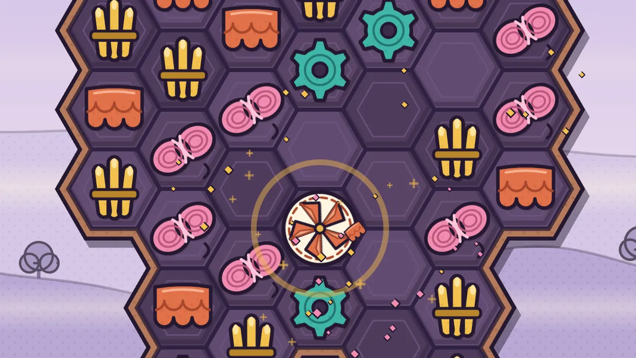 A close-up of the hex board with a dark purple rim on a lilac background, where a fresh orange Pinwheel, a five-sail folded paper pinwheel on a gold pin set in a cream badge with a dashed orange ring, sits inside a soft gold ring of light, with empty dark hexagon cells around it where pieces were just cleared, small gold and pink sparkles in the air, and pink wool skeins, golden reed bundles, orange clay tiles and teal cogs in the cells further out