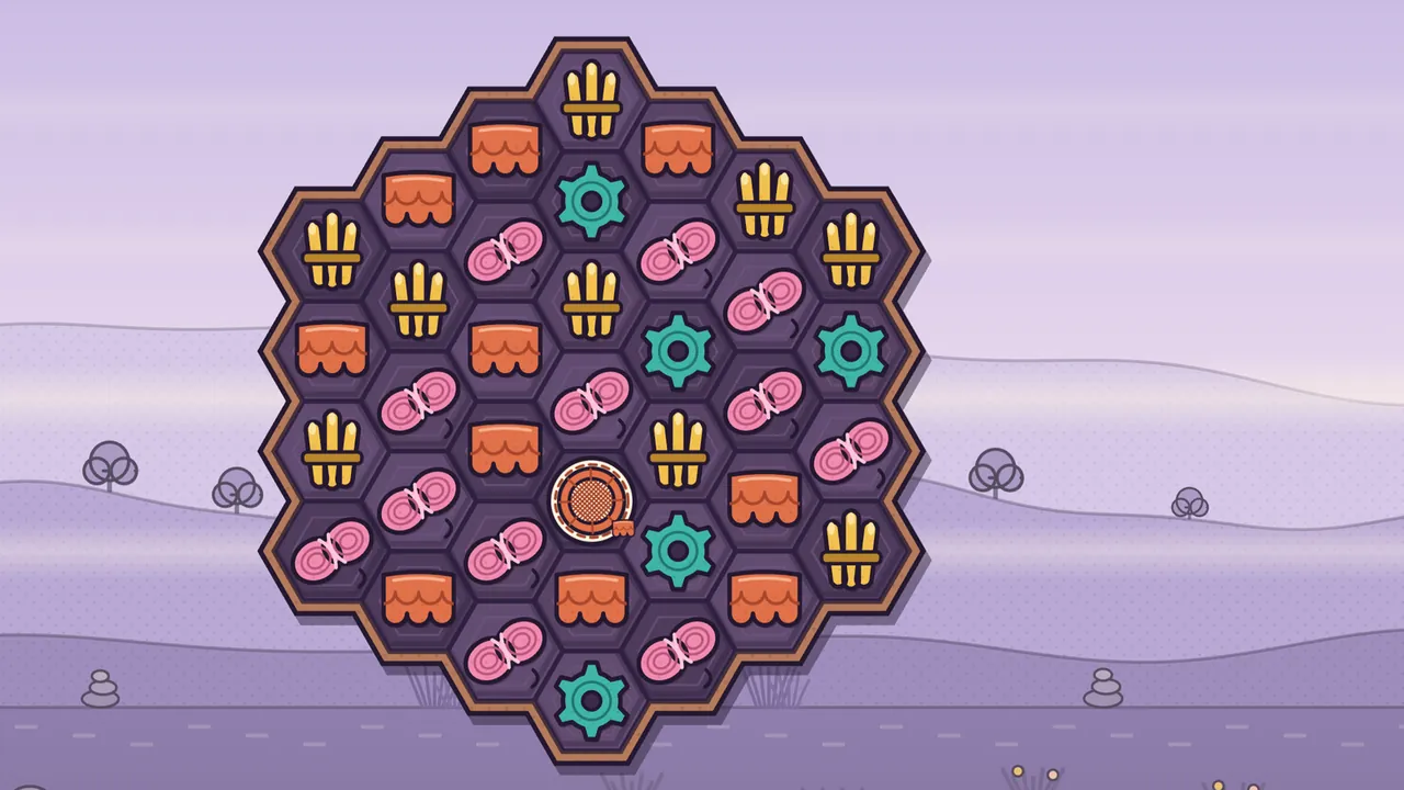 A board shaped like a big hexagon with a brown rim sits on a soft lilac landscape with rolling hills, little round trees and small stacked stones, and its cells hold orange clay tiles with scalloped edges, golden reed bundles, pink wool skeins and teal copper cogs, with an orange Sieve near the middle, a round woven sieve on a cream badge with a dashed ring and a tiny clay tile seal at its side