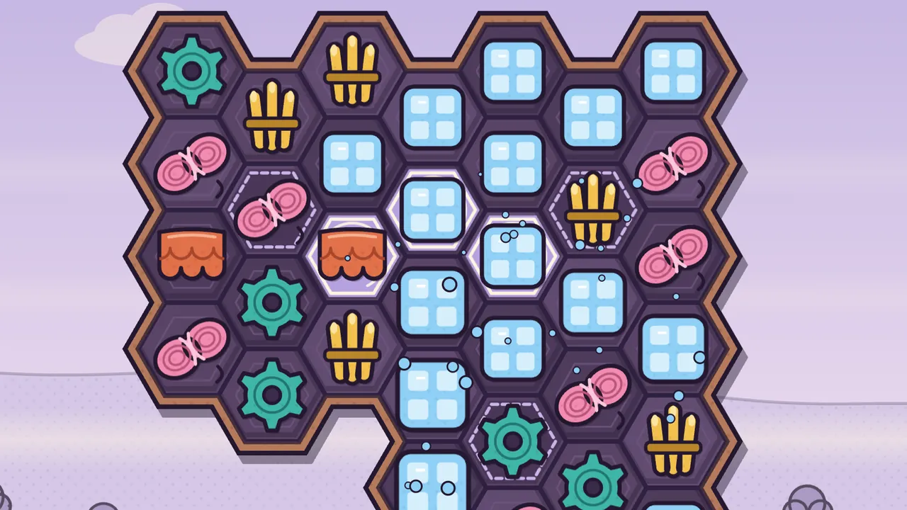 The top of a hex board with a brown rim shaped like a building corner, on a lilac sky with a white cloud, where three straight lines of cells running up and down and along both slants are now filled with pale blue glass panes with four little windows each, with tiny bubbles floating around them, while the rest of the board still holds pink wool skeins, golden reed bundles, teal cogs and orange clay tiles, some on cells with dashed outlines