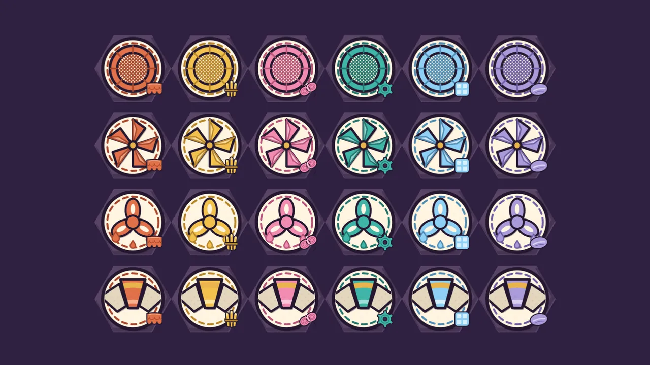 Twenty-four special pieces from Amblestead on a dark plum background in four rows of six, each on a cream badge with a dashed ring inside a hexagon cell: round woven sieves, five-sail folded paper pinwheels on gold pins, three-loop dyed knots with little drops and wedge-shaped arch stones with a gold stripe, every row in six colors, orange, gold, pink, teal, pale blue and lavender, each with a tiny material seal at its side: a clay tile, a reed bundle, a wool skein, a cog, a glass pane and a slate