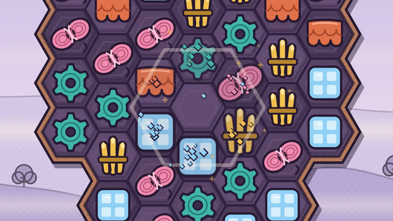 A close-up of the hex board where a Keystone has just been swapped, and a pale outline of a big hexagon marks the flower of seven cells it knocks out, with the middle cell already empty and the pieces around it cracking into small blue, teal, pink and gold shards: two blue glass panes, a teal cog, an orange clay tile, a pink wool skein and a golden reed bundle, with more pieces in the cells around and a lilac background at the sides