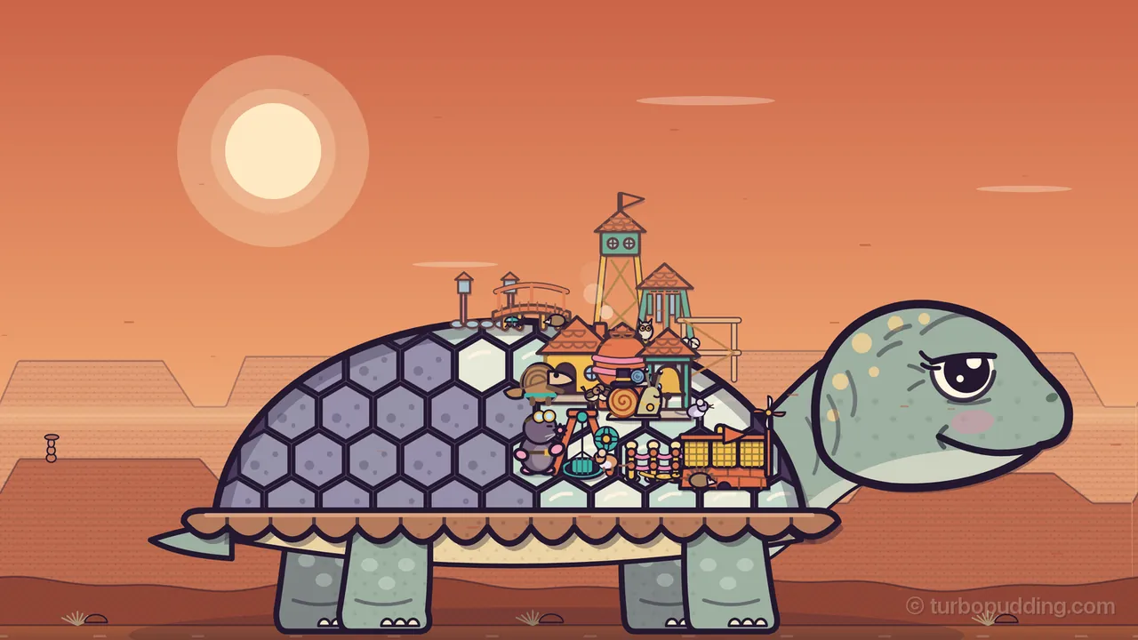 Amabel, a huge sage-green turtle with pale yellow freckles, a dark button eye and a gentle smile, walks through Red Canyon from left to right on four thick column legs; her dome of hexagon plates is lilac at the back and pale green at the front, where a little town stands with a lookout tower with a flag, a bridge, lamp posts, a yellow house, a snail in a top hat, a mole with goggles and a pangolin, and a copper-brown scalloped rim runs around the shell; a big pale sun hangs in an orange sky over flat-topped red canyon walls