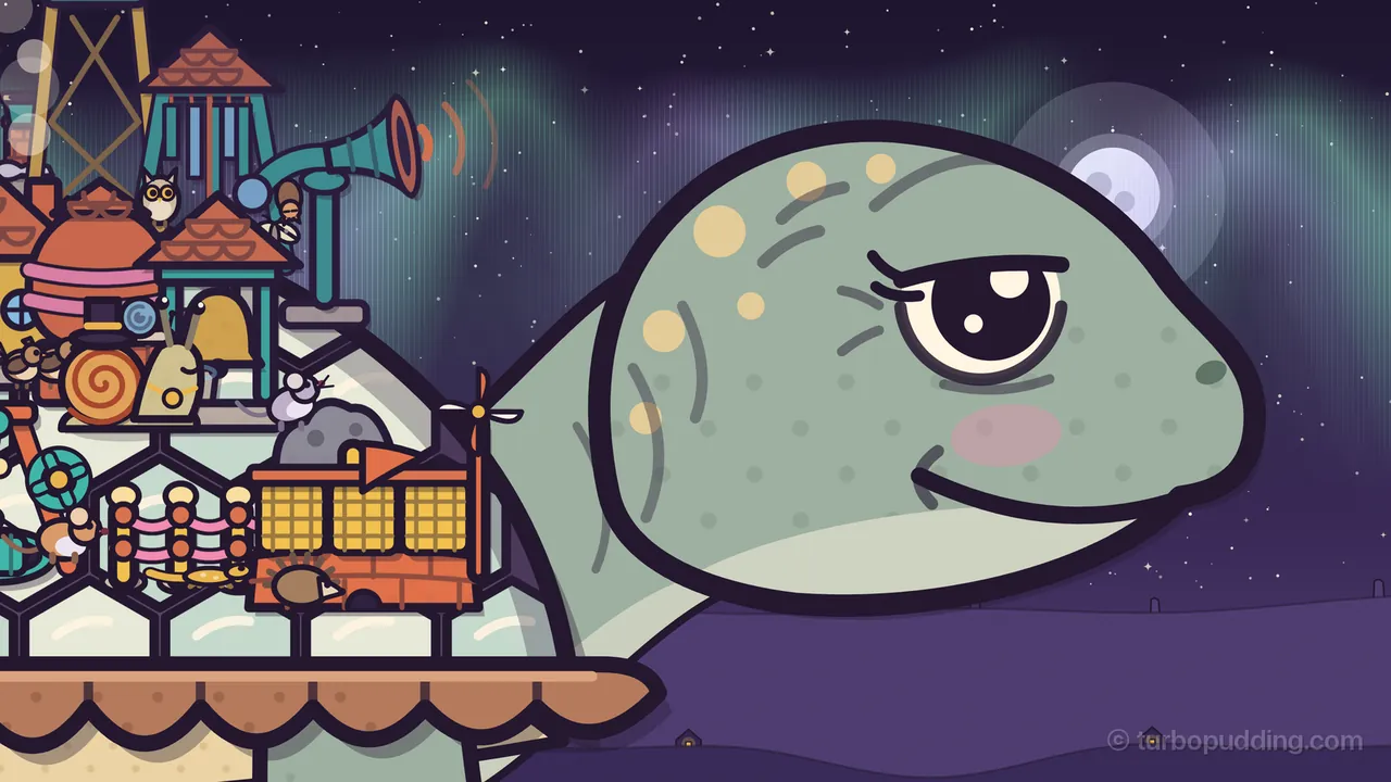 A close-up of Amabel’s head at night on the Aurora Plain: a big, round, sage-green head with pale yellow freckles on the crown, a dark button eye under a heavy lid with lashes, a pink blush and a long gentle smile, on a thick neck that comes out from under the copper-brown rim of her shell; on the left, the front of the town crowds her shell, with a teal horn, an owl, a snail in a top hat, a brass bell, a small white mouse, a hedgehog and a yellow market crate; green ribbons of aurora, stars and a pale full moon fill the purple sky