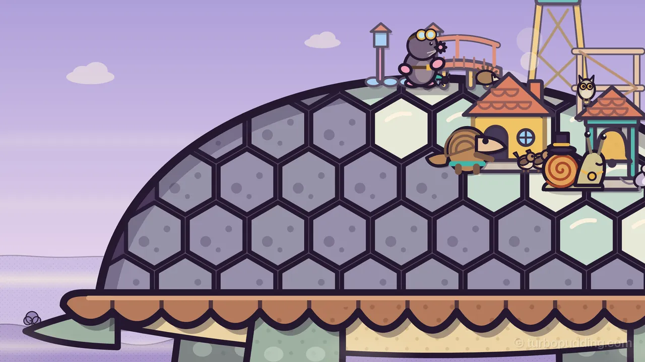 A close-up of the back half of Amabel’s shell in Mist Valley: rows of lilac hexagon plates with dark seams curve up into a dome above a copper-brown scalloped rim and her pointed tail, while the pale green plates near the top hold the first houses of the town; a mole with goggles holds a flower by a lamp post and a little bridge, Pim the pangolin stands at the door of a yellow house with an orange roof, two sparrows and Mayor Barty, a snail in a top hat, sit beside it, and an owl perches by a wooden tower under a soft lilac sky with small clouds