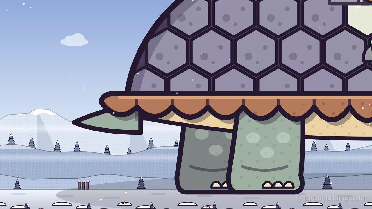 A close-up of Amabel’s back end in Snow Pass: two thick, round, sage-green back legs with pale spots and short cream toenails stand on the snowy ground, her short pointed tail sticks out to the left under a wide copper-brown rim with a scalloped edge, and above it rise rows of lilac hexagon plates with dark seams; behind her are snowy hills, small blue fir trees, a white mountain and a pale blue sky with falling snowflakes