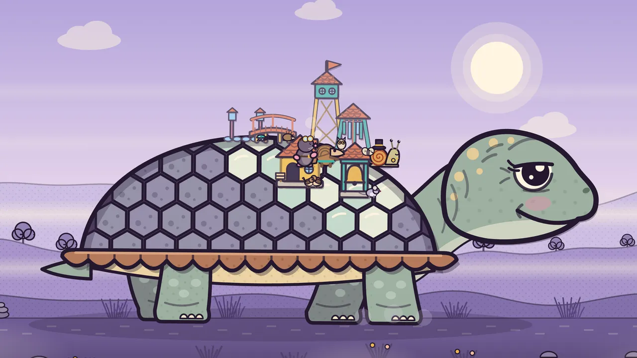 Amabel, a giant green turtle with a gentle smile, standing in a lilac valley under a pale sun, a little town of houses, a lookout tower, a red bridge and a golden bell on top of her gray hexagon shell