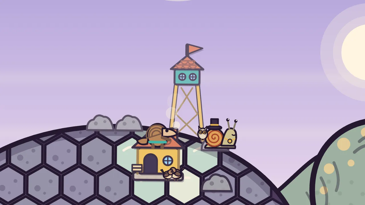 Close view of the top of the shell: a tall wooden lookout tower with a teal cabin and a red flag, a small yellow workshop with a red roof and Pim the pangolin on top, two wrens at the door, and an owlet and a snail in a black top hat beside the tower