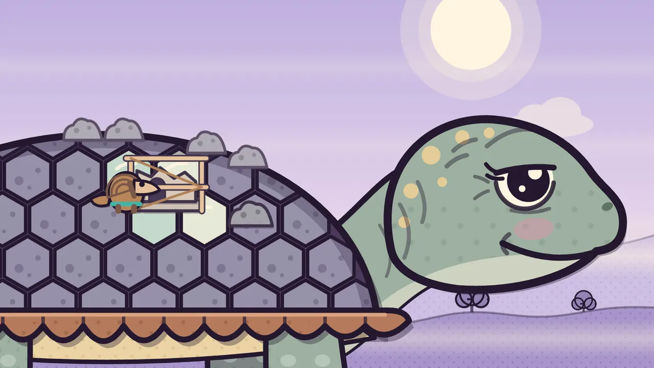 Close view of Amabel, a huge green turtle with a sleepy smile and pink cheeks, and her shell of gray hexagon plates with a few gray lumps on top, Pim the pangolin standing by a bare wooden frame