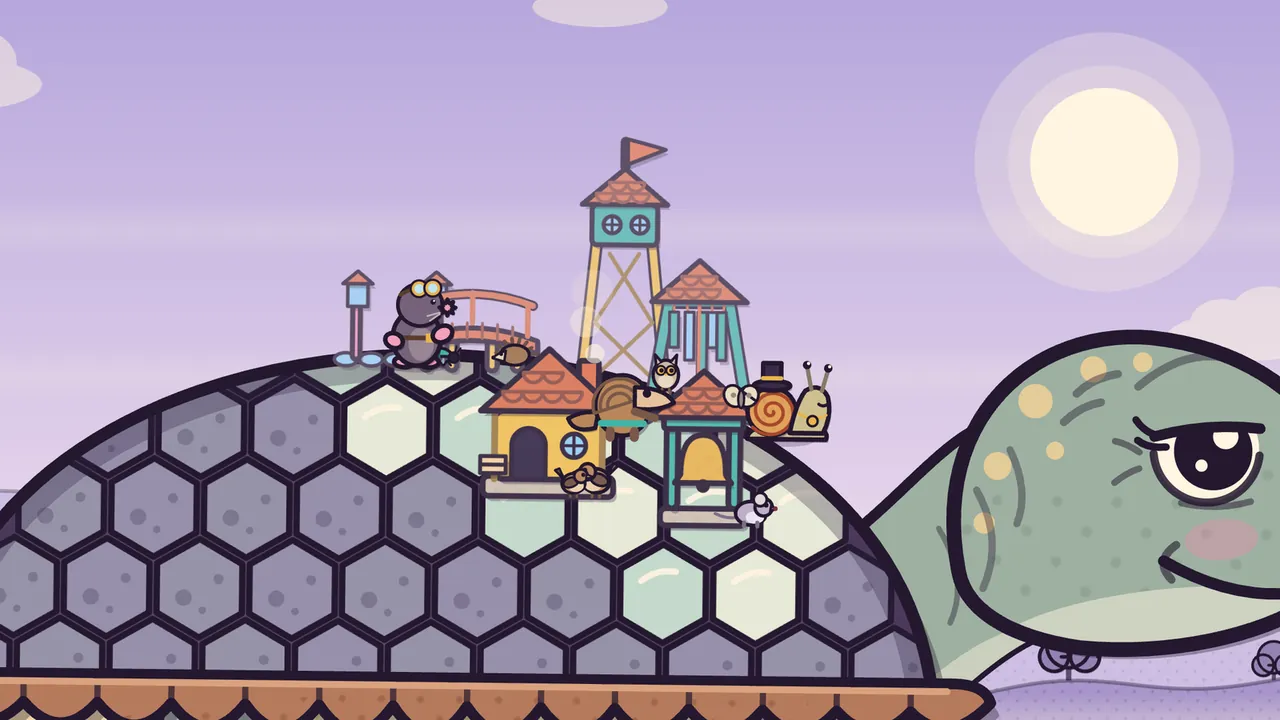 The town on Amabel’s shell in the sun: a mole in goggles by a lamp post and a small red bridge, a hedgehog, a yellow workshop, the lookout tower, a teal stand with a golden bell, a tall teal chime, Pim the pangolin, an owlet, the snail mayor in a top hat and a lilac mouse, with Amabel’s smiling head on the right