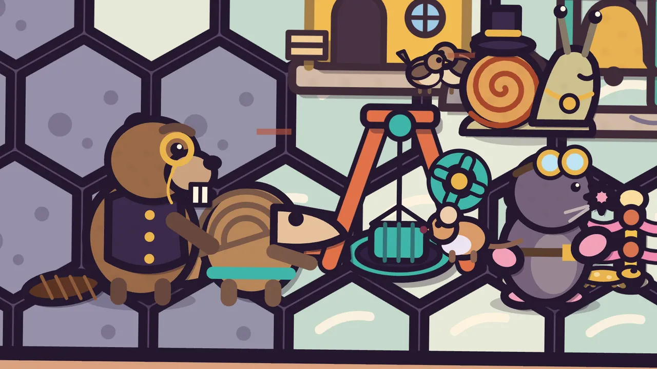 Red Canyon, on Amabel’s plates: Baron Bulwark, a big brown beaver with a gold monocle, two large front teeth, a heavy brow, a plum waistcoat with gold buttons and a flat dark tail, stands on the left beside Pim, the brown pangolin with a scaly back and a long snout; next to them an orange wooden lift hangs a teal crate over Delva’s hatch, a teal wheel turns by the lift, Delva in her brass goggles stands on the right, and Mayor Barty’s orange spiral shell, black top hat and gold medal show on a ledge above