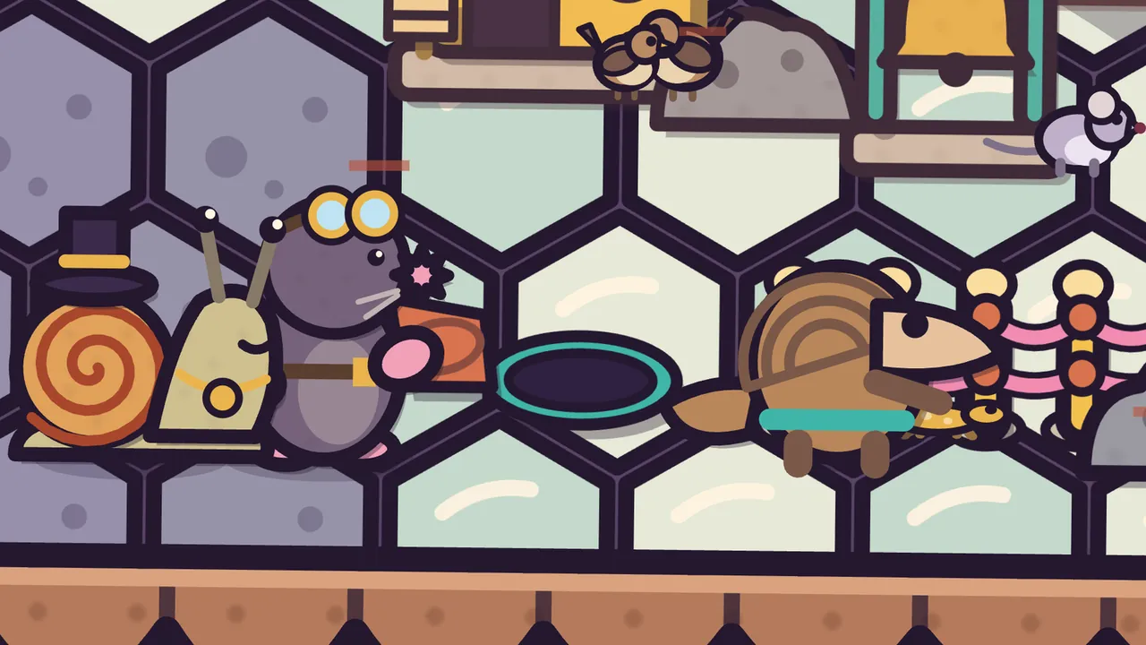 Red Canyon, on Amabel’s shell of gray-lilac and pale green hexagon plates: Delva, a gray mole with round brass goggles, a pink star-shaped nose, a brown tool belt and pink digging hands, stands talking in the middle next to a dark round hatch with a teal rim set into the plates; on the left stands Mayor Barty, a pale snail with eye stalks, a gold medal on a chain and a black top hat perched on his orange spiral shell, on the right Pim the brown pangolin stands by a rope railing with pink ropes and gold posts, two wrens sit on a ledge above, and the scalloped brown rim of the shell runs along the bottom