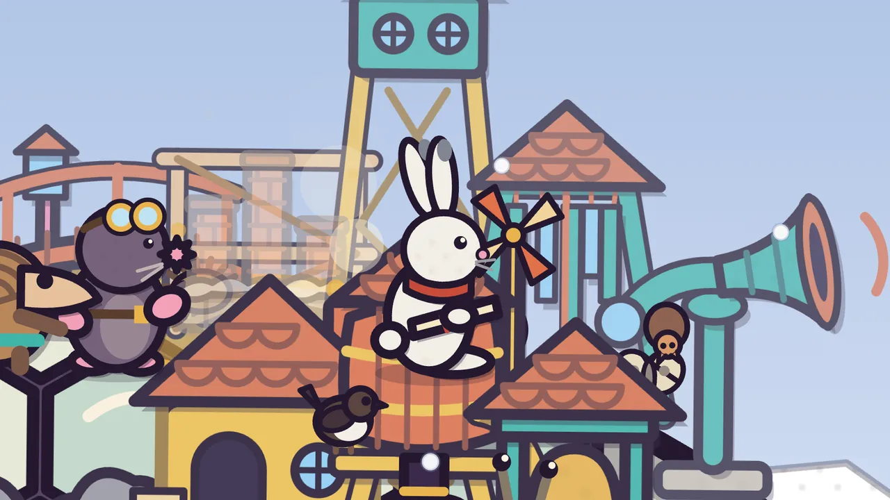 Snow Pass, under a pale blue sky: Nils, a white arctic hare with long ears, a red scarf and a rolled map in his paws, stands talking on top of a big orange wooden water tank in the middle of the town, with a little orange and white pinwheel turning beside him and a tall teal lookout with two round windows rising behind; Delva, the gray mole in brass goggles, stands on the left by the tip of Pim’s long snout, a teal echo horn shaped like a big trumpet points out to the right, and below them are orange scalloped roofs, a yellow cottage and a small black and white bird