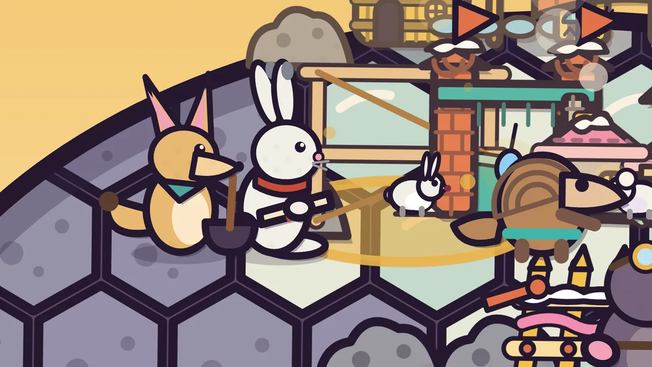 The Glass Desert under a warm yellow sky: Saffi, a sandy fennec fox with tall pink-lined ears, a teal kerchief and a bushy tail, stands at the edge of Amabel’s shell holding her black soup pot and a ladle, right beside Nils, the white arctic hare in a red scarf holding his rolled map; behind them a faint golden outline marks an empty spot on the plates, one of the town’s tiny white residents sits on a pale green plate, Pim the pangolin stands on the right, and brick chimneys with snow on top, orange flags and a pink striped tent crowd the town above