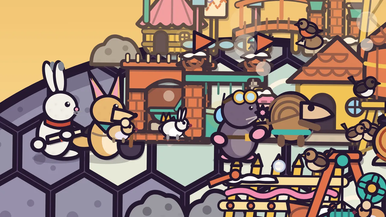 The Glass Desert under a warm yellow sky, on Amabel’s shell of lilac and pale green hexagon plates: Nils, a white arctic hare in a red scarf, stands on the left holding a rolled map next to Saffi, a sandy fennec fox with tall pink-lined ears and a teal kerchief, beside her new brick kitchen with an arched hearth, where a tiny white resident sits; Delva, a gray mole with round brass goggles and a pink star-shaped nose, stands talking in the middle with Pim, the brown pangolin with a scaly back and a long pale snout, beside her, and a yellow cottage with an orange scalloped roof, a big wooden water tank, a pink striped tent, a red bridge, little birds, a wooden lift and the edge of Mayor Barty’s spiral shell fill the rest of the town