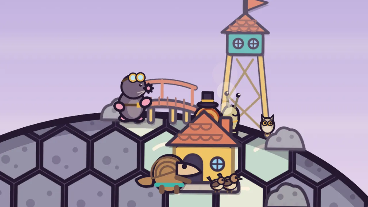 The town on Amabel’s shell after the bridge is finished: Delva, a gray mole with round brass goggles, stands at one end of a little red wooden bridge with arched railings, Mayor Barty’s black top hat peeks over the roof of Pim’s yellow workshop, a tall lookout tower with a teal cabin, two round windows and an orange flag rises on the right with a small owl at its foot, and Pim the pangolin stands below by his workshop door with two wrens