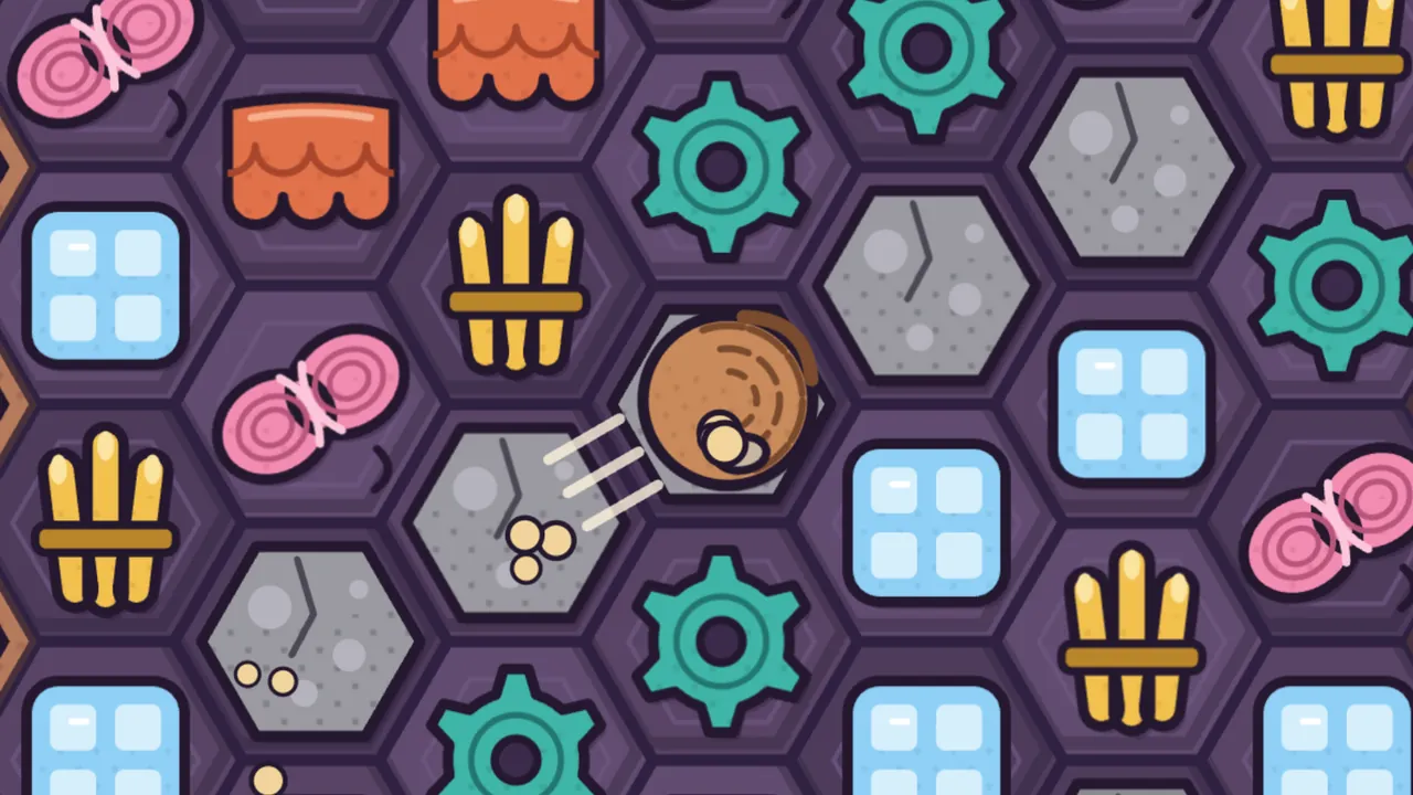 Close-up of the hexagon puzzle board: Pim, curled up into a round brown ball with scale lines, rolls diagonally across purple cells with white speed lines behind him, a gray stone he has just hit cracking into small round pebbles, more gray stones with cracks along his line, and teal gears, orange roof tiles, blue glass panes, pink wool skeins and golden reed bundles in the cells around him