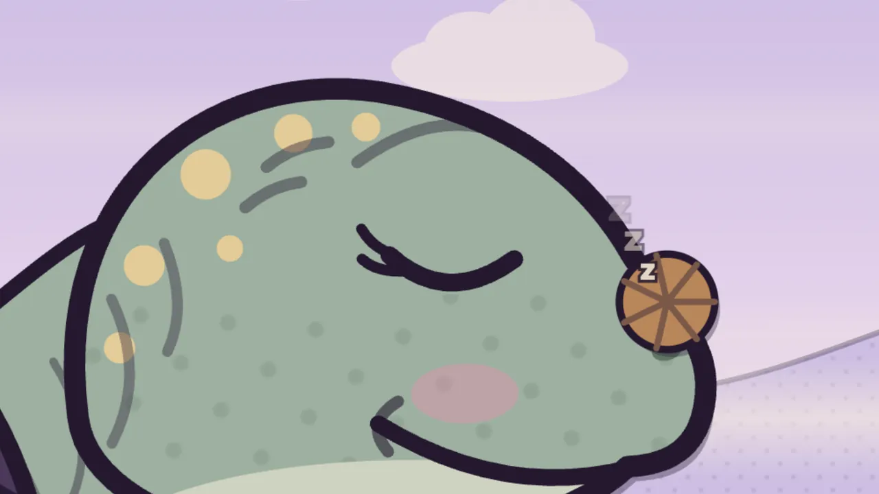 Amabel, a giant green turtle with yellow spots and a pink cheek, asleep with her eyes closed and a calm smile, and at the tip of her snout Pim, curled up into a round brown ball with scale lines, tucked against her nostril under three small gray z’s, against a lilac sky with a pale cloud