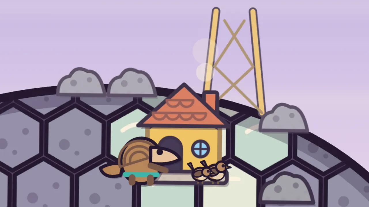 On top of Amabel’s gray hexagon shell, the two tall wooden legs of the new lookout stand against a lilac sky, joined by crossed braces, beside Pim’s little yellow workshop with an orange scalloped roof, a chimney and a round window, two brown wrens at its door, and Pim, a brown pangolin with a striped back and a teal tool belt, standing in front of it with gray boulders along the shell’s edge