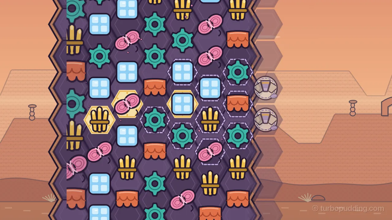 The Echo Horn level in Red Canyon in the middle of a step: a tall rectangular hex board with a copper-brown rim fills the left of the picture against an orange sky, flat-topped red mesas, a stack of round rocks and a stone arch at the right edge; the whole board is sliding one column to the left, so the pieces of its leftmost column, teal cogs, golden reed bundles, orange clay tiles and a pink wool skein, are cut off at the board’s left edge as they leave; in the middle rows, plates mark the shape of a horn, three of them set to gold under a reed bundle, a wool skein and a glass pane, the rest still outlined with dashed lines around cogs, glass panes, reed bundles and wool skeins, and just past the right edge a column of faint, half see-through cells waits to walk in, with two faded Keystones in it, cream discs with a wedge-shaped stone, one above the other