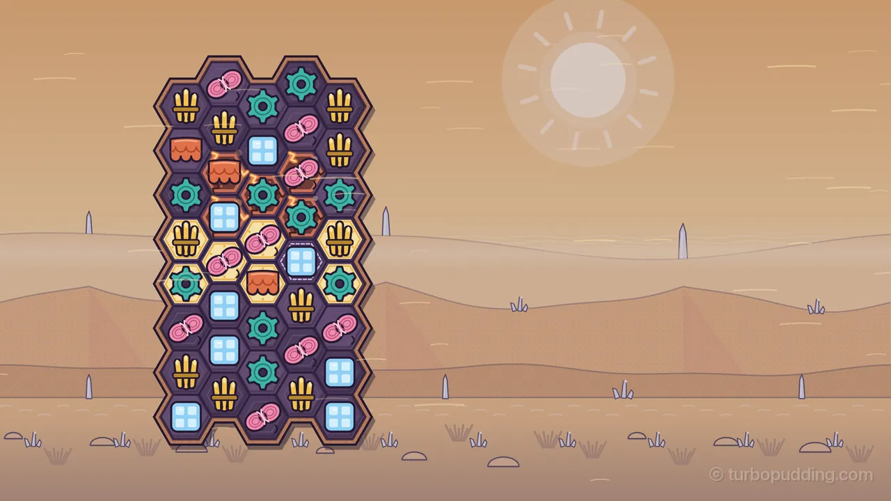 The Sun Awnings level in the Glass Desert as dusk falls: a tall hex board with a notch in its top edge stands left of center over sand dunes with pale glass spikes and tufts of dry grass, and the whole scene, sky, sun, sand and board, is dimmed under a dusky brown veil, the big desert sun faded to a pale disc with soft rays; on the board, seven plates in the middle rows have set to gold under golden reed bundles, pink wool skeins, teal cogs and an orange clay tile, one plate under a glass pane still has its dashed outline, and a little higher up a few cells glow reddish brown with fine cracks, the hot stones
