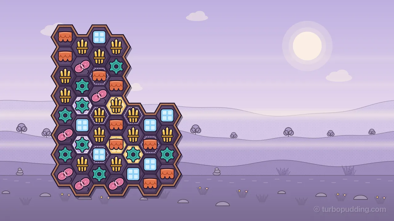 Level 8, Mayor’s Corner, in Mist Valley: an L-shaped hex board with a copper-brown rim stands on the left against a soft lilac sky with a pale sun and small white clouds, over rolling lilac hills with little round trees, stacked stones and tufts of grass; the board is full of pieces in five colors, orange clay tiles, golden reed bundles, pink wool skeins, teal cogs and pale blue glass panes, and in its lower part three plates under a reed bundle, a clay tile and a cog have set to warm gold, two plates under teal cogs shine wet and pale with a bright white rim, and five more plates show only a dashed outline around their pieces