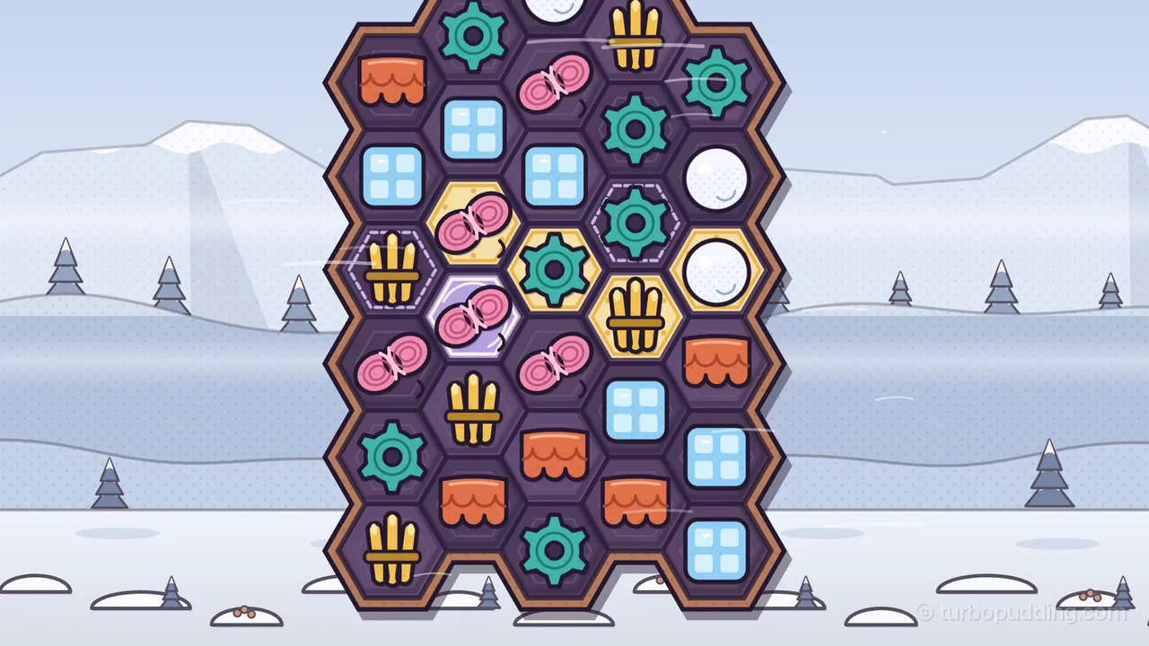 A close view of a hex board on the Warm Roofs level in Snow Pass, set against a pale blue winter sky, snowy mountains, small blue fir trees and white snow mounds; the board has a copper-brown rim and dark purple cells full of pieces: orange clay tiles, golden reed bundles, pink wool skeins, teal cogs, pale blue glass panes and two round white snowballs; in the middle rows four plates have set to warm gold under a pink wool skein, a teal cog, a reed bundle and one of the snowballs, one plate under another wool skein shines wet and lilac with a bright white rim, and two plates around a reed bundle and a cog still show only a dashed outline