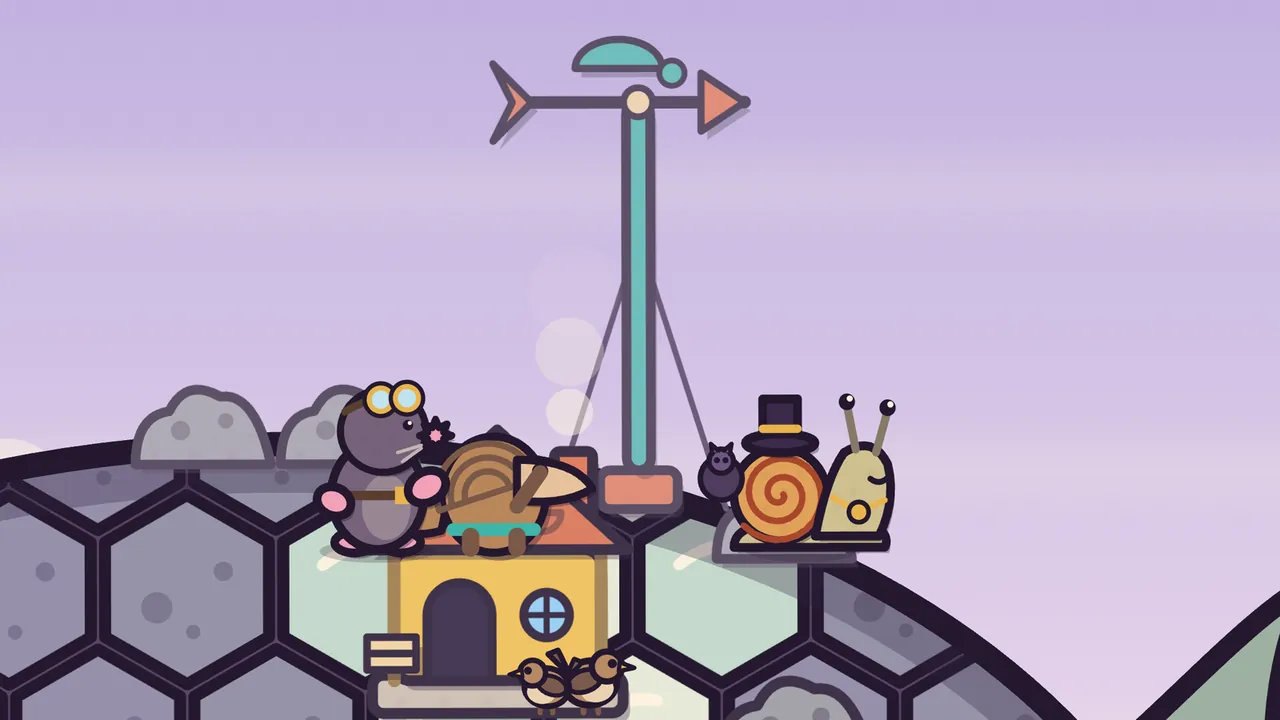 Mist Valley under a lilac sky: a tall teal Weathervane Mast with guy ropes rises from the crest of Amabel’s hexagon shell, topped by an arrow-shaped vane with an orange head and tail and a small teal cap; at its foot sit Delva, a gray mole with round brass goggles and pink hands, Pim, a brown pangolin with a wooden tool, and Mayor Barty, a snail with an orange spiral shell and a black top hat, with a small dark bat tucked in between them; below, a yellow workshop with an orange roof and a round window has two wrens by its door, and puffs of white smoke drift past the mast