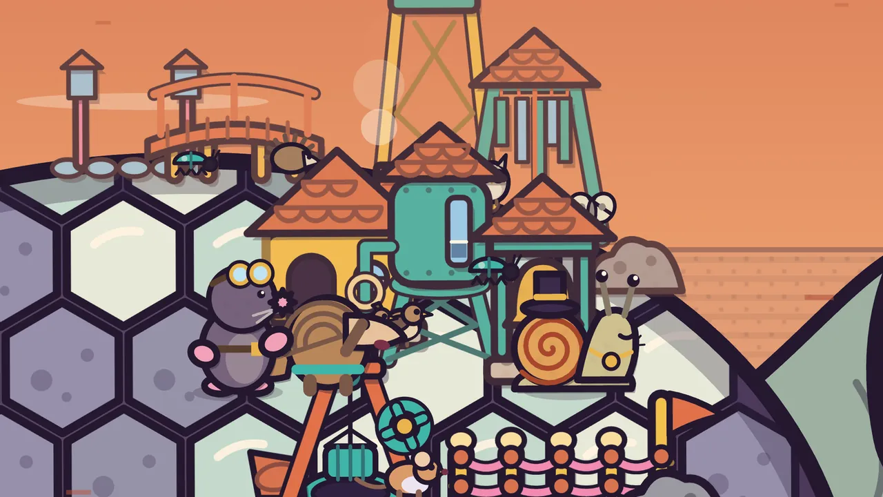 Red Canyon under an orange sky: a round teal Copper Tank with rivets and a tall glass gauge stands on a teal frame among little yellow houses with orange scalloped roofs, with a small teal beetle on its stand; in front stand Delva the mole in brass goggles, Pim the pangolin and Mayor Barty the snail in a top hat, while along the crest behind them runs an arched plank bridge with a hedgehog and another teal beetle, and the yellow legs of a lookout tower rise at the top
