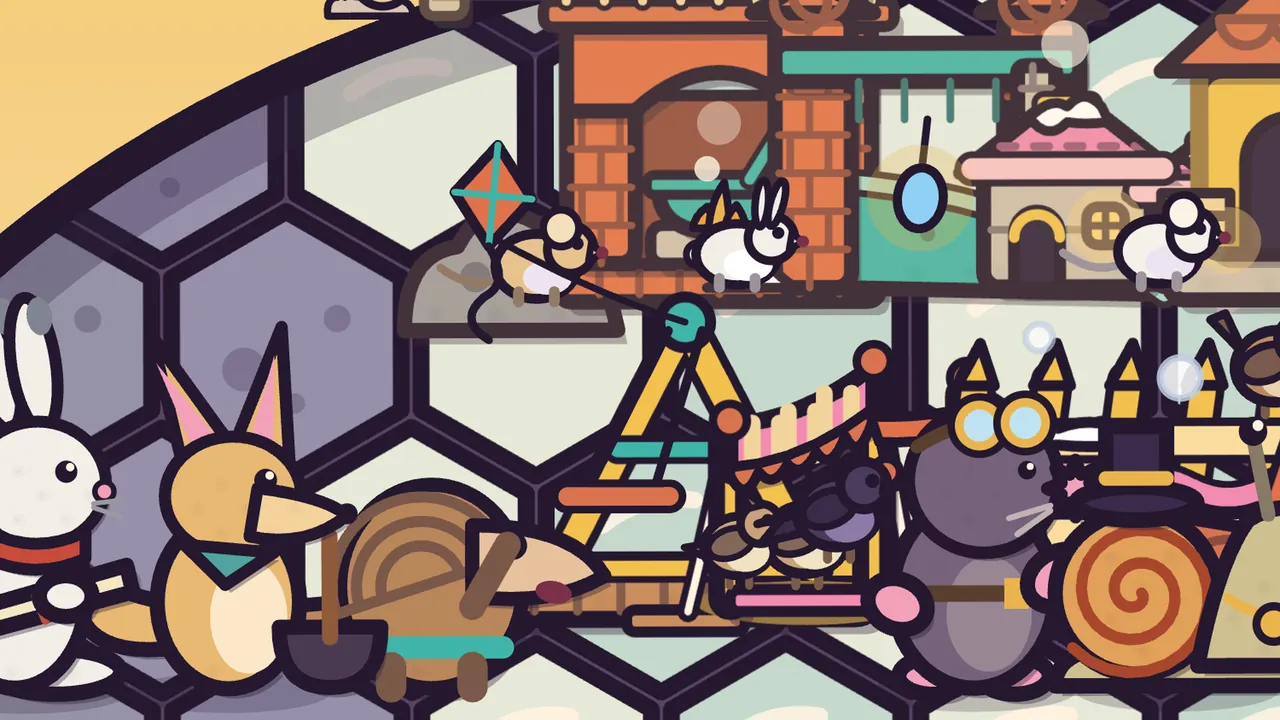 Glass Desert under a golden sky: in the middle of a crowded town on Amabel’s shell stands the Kite Swing, a yellow A-frame with a teal knob at the top, an orange swing seat and a red and teal kite flying on a string; beside it, a dark purple swift sits with two brown larks under a striped awning, and in front stand Nils the white hare, Saffi, a fennec fox with tall ears and a teal kerchief, Pim the pangolin, Delva the mole in brass goggles and Mayor Barty the snail in a top hat; behind them are an orange brick kitchen, a little white hare kit, a pink-roofed cottage and a desert mouse sitting on a rock