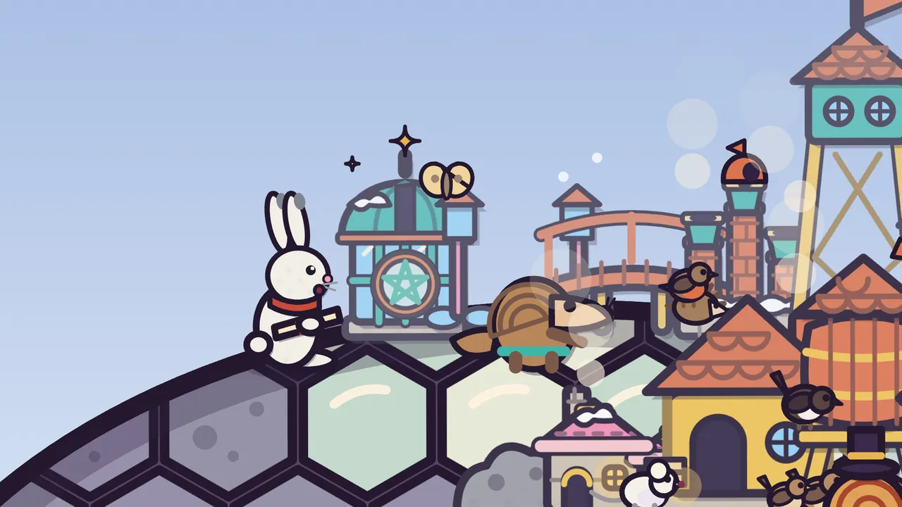 Snow Pass under a pale blue sky: Nils, a white arctic hare in a red scarf with a rolled map under his arm, sits on the crest of Amabel’s hexagon shell beside the Star Window, a small teal dome with snow on top, a round window with a star in it and a gold four-pointed star on its spire, with a pale yellow star moth resting on the roof; Pim the pangolin walks along the shell beside it, and further on stand an arched bridge, brick chimneys with a robin, little houses with orange roofs and the legs of a tall lookout tower