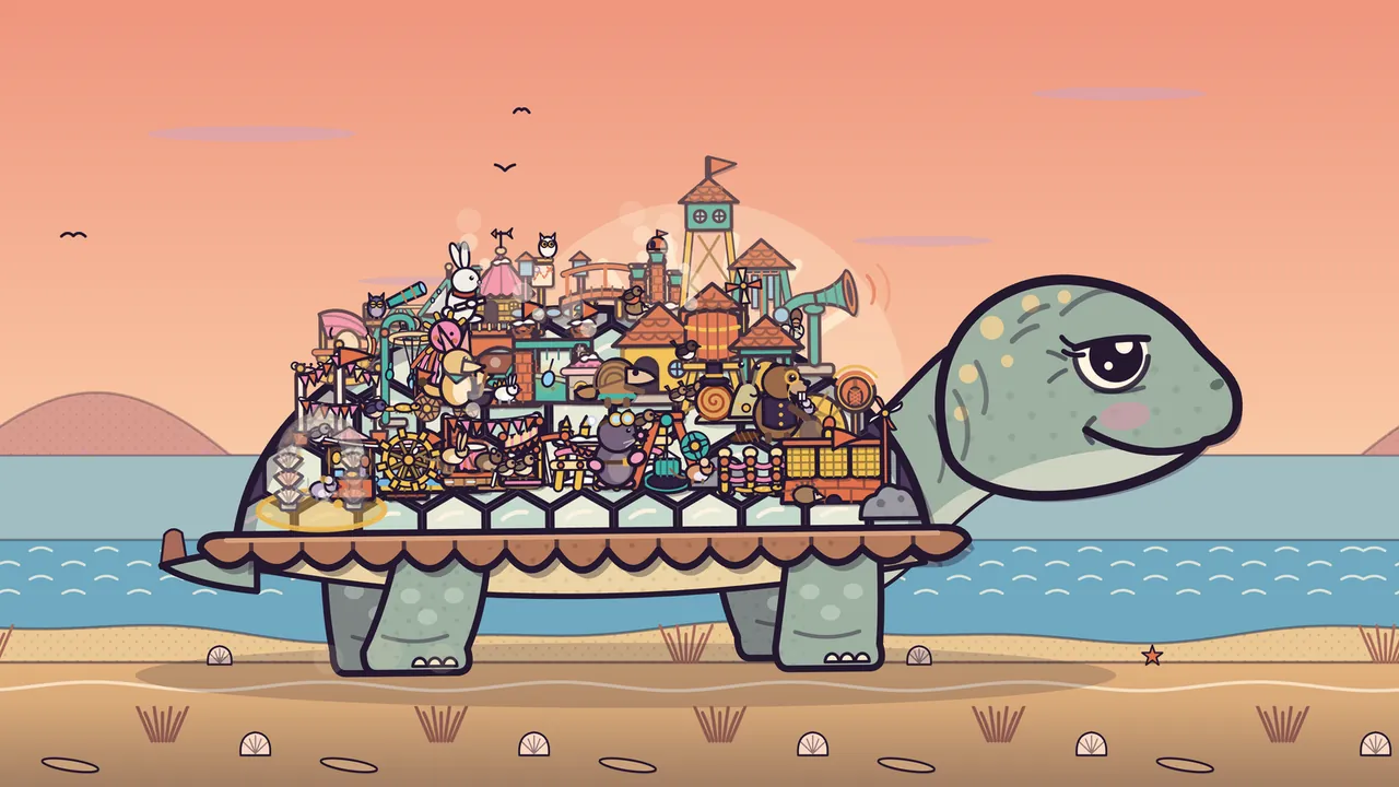 Sunrise Shore in Amblestead: Amabel, a giant green turtle with yellow spots, pink cheeks and a calm half-closed smile, walks to the right along a sandy beach under a peach sky, with blue sea and pink hills behind her and shells and a starfish in the sand; her hexagon shell carries a whole packed town of little houses with orange scalloped roofs, a tall teal lookout tower with a flag, a teal horn, a water wheel, strings of pink and orange bunting, a telescope and a weathervane, with a white hare, an owl and other residents among the buildings; at the tail end, the half-built Welcome Arch glows in a yellow ring, and three gulls fly overhead