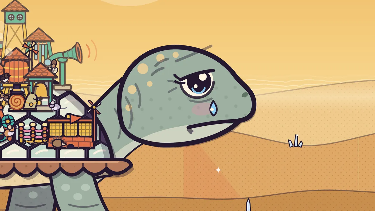 The Glass Desert under a hot yellow sky: a close view of Amabel’s big sage-gray head with sand freckles, her brow lifted at the inner end, her mouth turned down and a blue tear rolling down her cheek from the corner of her button eye; behind her neck, the front of her shell carries part of the town, with a lookout tower, orange tiled roofs, a water tank, a teal horn, a snail-shell house and an orange cart with yellow windows on cleared cream plates above the scalloped clay rim, and her front leg stands in the sand among golden dunes and a few glass spikes