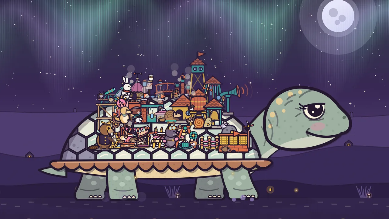 Aurora Plain at night: Amabel, a giant turtle with sage-gray skin, sand freckles, a pink blush and a heavy-lidded button eye, walks to the right with a calm smile under a big full moon and wavy ribbons of green, blue and lilac aurora in a starry purple sky; her domed shell of cream and lilac-gray hexagon plates, with a scalloped clay rim, carries a crowded little town of tiled roofs, a lookout tower with a flag, a teal horn, a telescope, a bridge, a water tank and a snail-shell house, with a white rabbit, owls, a mole in goggles and a beaver in a waistcoat among the buildings; her four thick legs walk along a dark road with small lanterns, and puffs of dust rise at her feet