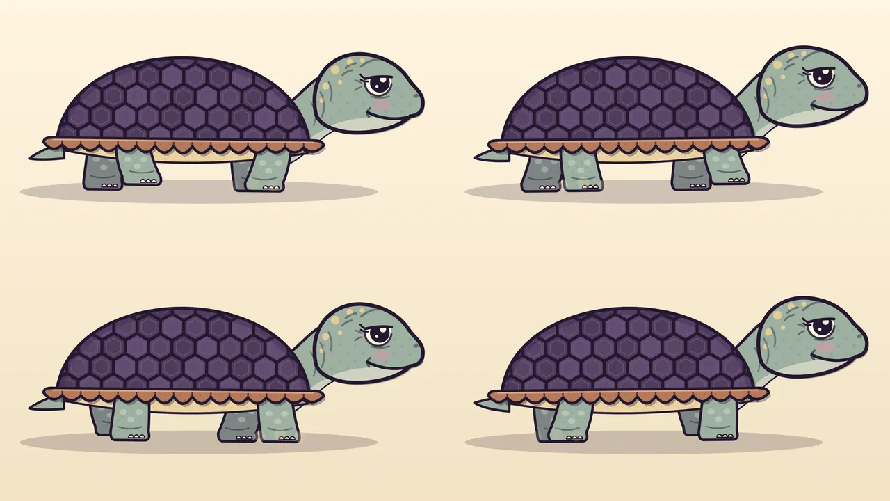 A sketchbook page on warm cream paper: four drawings of Amabel without her town, in two rows, each one a different beat of her walk; she is a big turtle with a domed shell of dark plum hexagon plates, a scalloped clay-brown rim, a cream belly plate, sage-gray skin with sand freckles, a short tail and four thick column legs, and in each drawing a different foot is lifted while the other three stand on the ground; her head is up, with a heavy-lidded button eye and a soft smile, and a soft gray shadow lies under each drawing