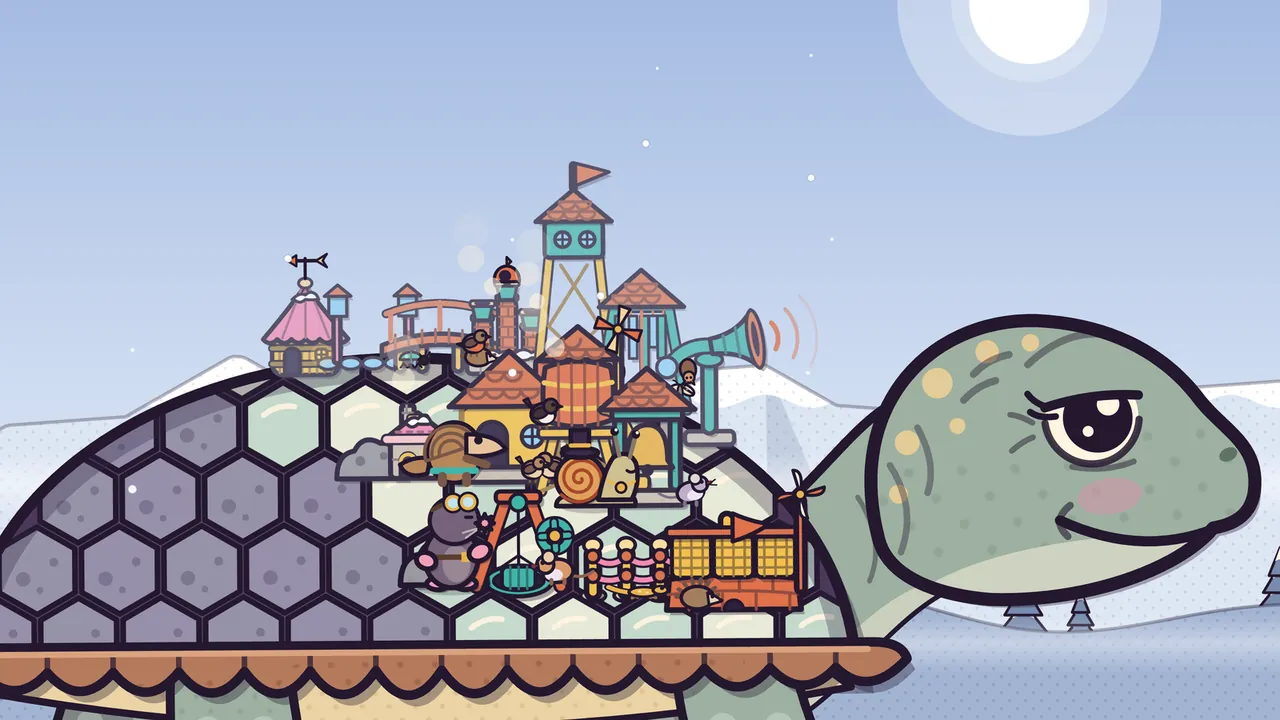 Snow Pass, under a pale blue winter sky with a white sun: a close view of Amabel’s shell and head as she walks; the dome is made of big hexagon plates, the ones at the back still asleep in lilac gray, the ones under the town cleared to pale cream and mint; on top stands the little town, with a round pink house with a weather vane, a small bridge, a lookout tower with a flag, a teal horn, a water tank, orange tiled roofs, a snail-shell house, an orange cart with yellow windows and Delva the mole in round goggles by a ladder; a scalloped clay rim runs under the dome, and on the right, Amabel’s big sage-gray head with sand freckles, a pink blush and a heavy-lidded button eye smiles calmly over snowy hills and firs