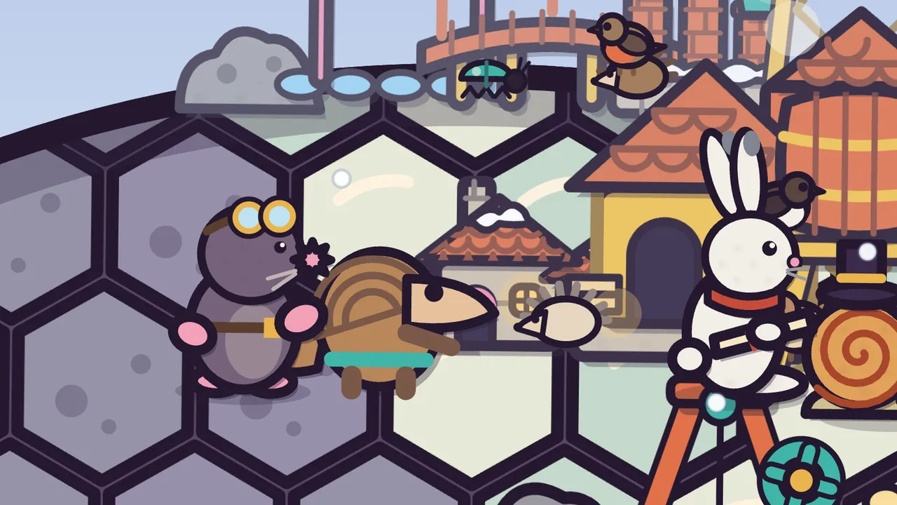 In Snow Pass, light snow falls on Amabel’s shell as Delva, a gray mole with round brass goggles and a pink flower, stands beside Pim, the brown pangolin with a scaly back, a long pale snout and a teal tool belt, who is talking with his snout up; behind them a small cottage with a new roof of scalloped orange clay tiles has snow on top, a pale woolly hedgehog stands next to it, Nils, a white arctic hare in a red scarf, sits on a tall orange stand holding a rolled paper, and the yellow workshop, a bridge, a robin, a big wooden water tank and Mayor Barty’s spiral shell and top hat fill the background