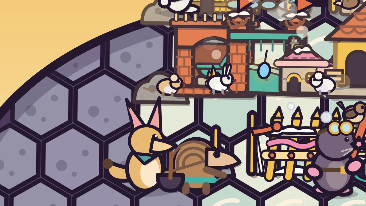 In the Glass Desert, under a golden sky, Saffi, a sandy fennec fox with huge pink-lined ears and a teal neckerchief, holds a big dark ladle next to Pim, the brown pangolin with a scaly back and a teal tool belt; above them, on the town’s ledges, a brick oven, a pink-roofed house and small residents, a white rabbit among them, and on the right Delva the mole in brass goggles stands beside a yellow fence of pointed stakes woven with pink wool