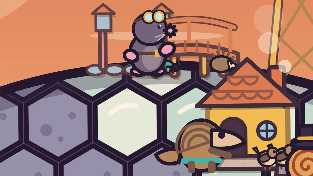 In Red Canyon, under an orange sky, Delva, a gray mole with round brass goggles and a pink flower, stands on the rim of Amabel’s shell beside a lamp post and a small red bridge with a hedgehog on it, while below her Pim, the brown pangolin with a scaly back, a long pale snout and a teal tool belt, stands in front of his yellow workshop with an orange scalloped roof, with two wrens and the edge of Mayor Barty’s spiral shell beside him