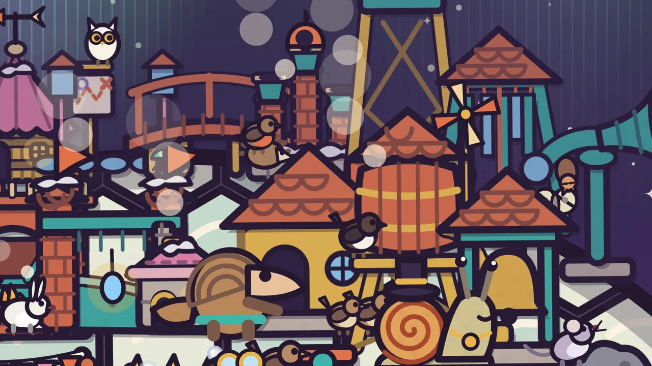 Night on the Aurora Plain: Pim, a brown pangolin with rows of scales on his back, a long pale snout and a teal tool belt, stands in front of his yellow workshop with an orange scalloped roof, beside a big wooden water tank, Mayor Barty the snail in a black top hat and a row of small wrens, with a white owl on a post, a robin on a rooftop, a lookout tower and a pink tent behind, all under a dark violet sky with stars and drifting chimney smoke