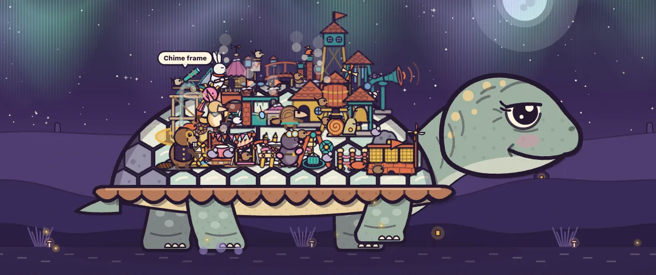 Night on the Aurora Plain: Amabel, a giant sage-green turtle with yellow freckles, a big dark eye under a heavy lid and a pink blush, walks to the right under green ribbons of aurora, a sky full of stars and a pale full moon; her shell is packed with a busy town lit up in the dark, with a lookout tower and flag, a teal horn, a striped tent, a beaver in a waistcoat, a white rabbit next to a sign that reads “Chime frame,” Mayor Barty the snail, Pim the pangolin, a mole with goggles and lots of small birds and mice; little glowing lamps and mushrooms dot the purple plain below her feet