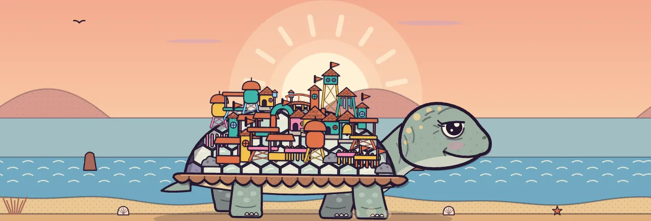 Amabel, a giant sage-green turtle with pale yellow freckles, a dark eye under a heavy lid and a pink blush, walks along a sandy beach from left to right; her shell of pale hexagon plates is crowded with a colorful town of orange roofs, teal water tanks, a striped lookout tower with flags and little houses, and a copper-brown scalloped rim runs around it; behind her lie a blue sea with white wave marks, a rock sticking out of the water, two pink hills and a huge pale sun in a peach sky, with seashells, a red starfish and a gull dotted around