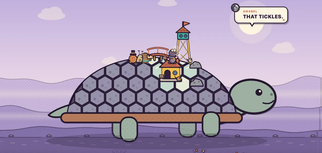 Mist Valley in a soft lilac light: Amabel, a giant sage-green turtle with a round head, a dark eye and a small smile, stands on four thick legs while a speech bubble says “THAT TICKLES.”; her shell is a dome of grey hexagon plates with a copper-brown rim, and on the pale green plates at the top sit a yellow cottage with an orange roof, a red plank bridge, a lookout tower on wooden legs with a teal cabin and an orange flag, Mayor Barty the snail in a black top hat, Pim the pangolin, a mole with goggles, two small birds and a couple of grey lichen-covered stones; lilac hills, small clouds and a pale sun fill the background