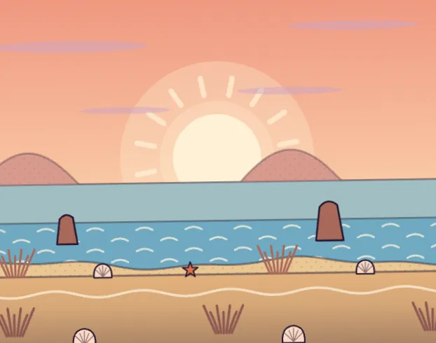 A picture card of Sunrise Shore: a huge pale sun with short rays rises between two dotted pink hills over a calm blue sea with white wave marks, two brown rocks stick out of the water, and a strip of golden sand runs along the front with tufts of beach grass, scallop shells and a small red starfish, all under a peach sky with thin lilac clouds