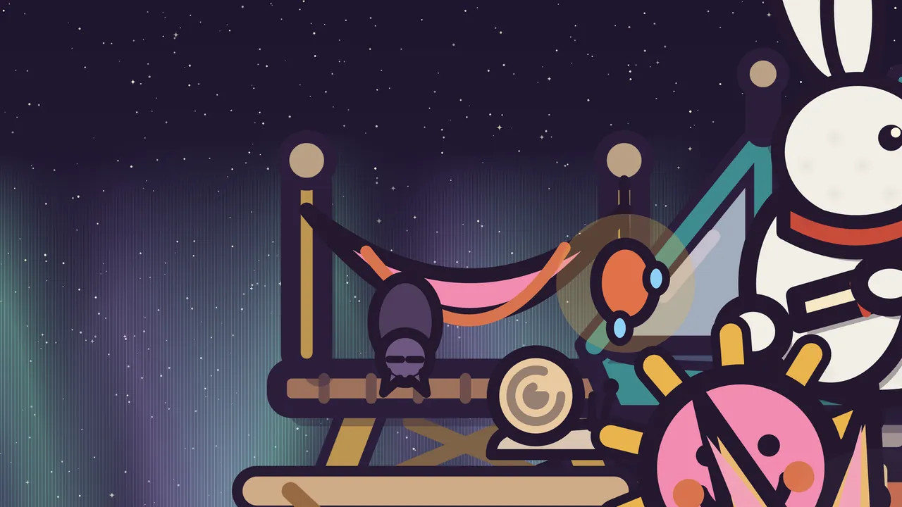 A close view of the Hammock Deck on Amabel’s shell at night on Aurora Plain, with green and violet aurora light and stars behind it: a small dusky purple bat hangs upside down with its eyes shut from the wooden rail under a pink hammock slung between two posts with round tan knobs; a cream snail with a spiral shell sits on the plank beside it, an orange lantern hangs on a teal frame to the right, Nils, the white hare in his red scarf, stands at the right edge, and a pink sun-shaped float with yellow rays and a smiling face peeks in at the bottom right