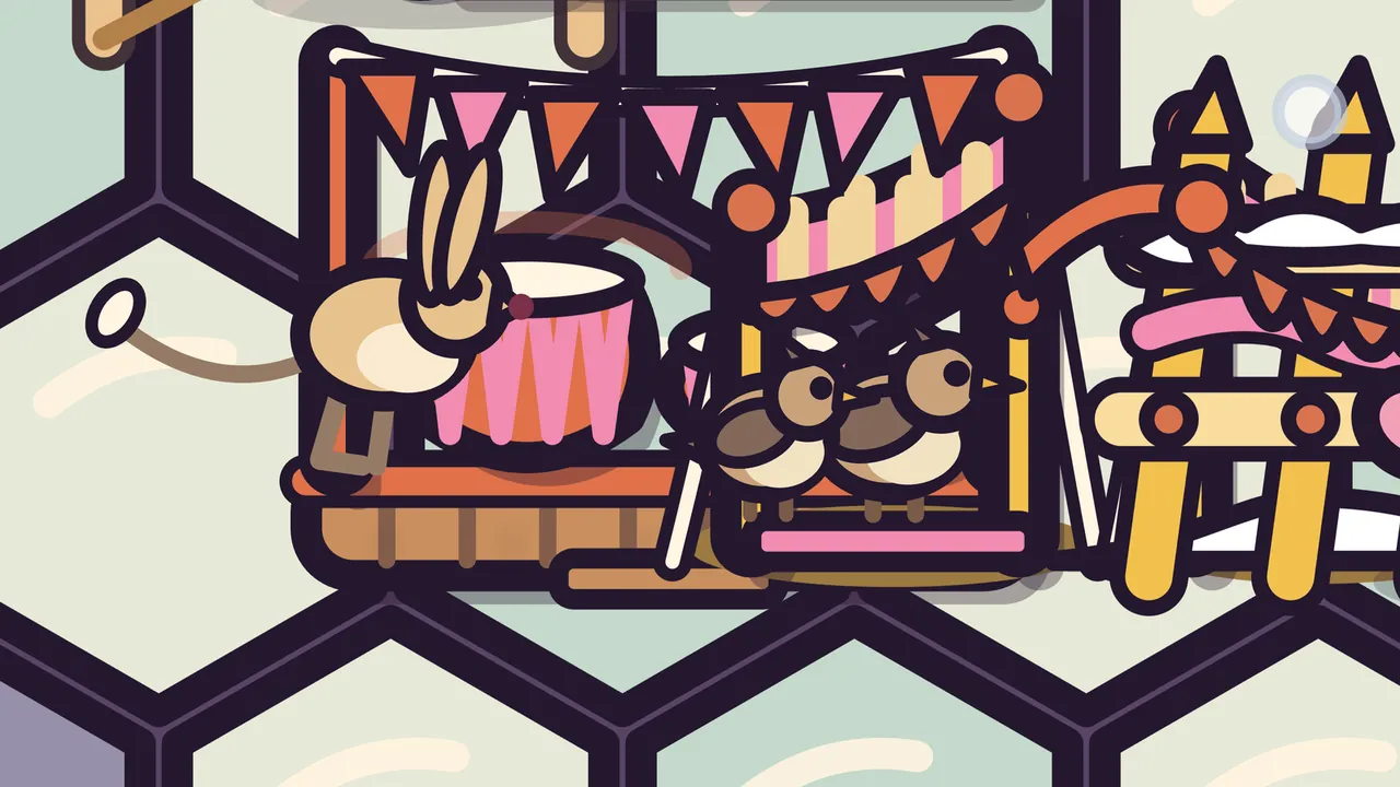 A close view of the Drum Stage on Amabel’s shell in the Glass Desert: a sandy jerboa with long ears and a long tail with a white tuft stands on an orange stage beside a big pink and orange drum, under a string of orange and pink pennants; next door two brown larks with cream bellies sit side by side under a striped awning, and a yellow fence with a pink ribbon and a cap of snow stands at the right, all on the pale glass plates of the shell