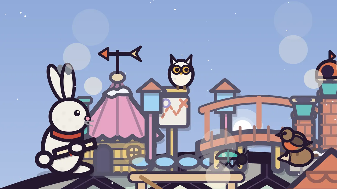 A close view of Snow Pass on Amabel’s shell under a pale blue sky with falling snow: Nils, a white hare in a red scarf, holds a rolled map on the left beside a hut with a pink tent roof and an arrow weathervane; in the middle a snowy white owlet with orange eyes perches on top of a map board marked with a dashed red line and a red X; on the right a robin with an orange breast sits by brick chimneys with teal pots, with a red footbridge and soft puffs of chimney smoke behind