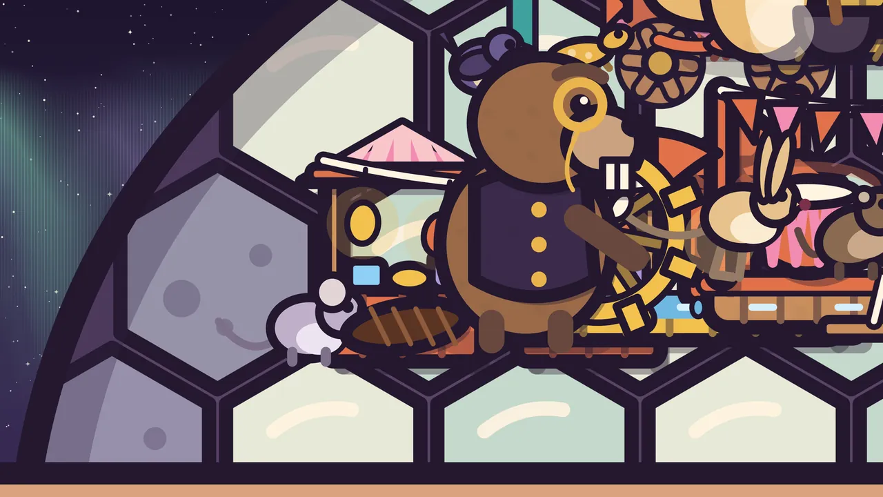 A close view of the Night Market Stalls on Aurora Plain: a small lilac market mouse stands at the end of a stall with a pink pointed roof, a round gold lantern, a small blue box and gold dishes; beside it Baron Bulwark, a beaver in a dark coat with gold buttons and a gold monocle, stands by a golden water wheel with his flat, striped tail on the boards next to the mouse, a jerboa by a pink drum sits at the right edge, and the aurora glows over the gray and pale green plates of the shell on the left